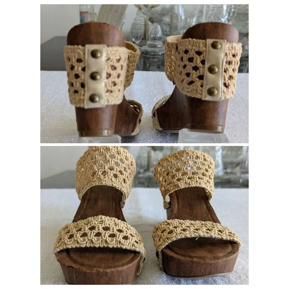 C Est 1946 8M Crochet Wedge Sandals Cream Brown Boho Macrame Studded